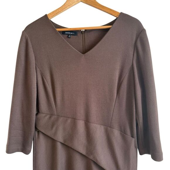 Lafayette 148 Brown 100% Wool Long Sleeve Faux Wrap Midi Dress Size 14 - Picture 2 of 7